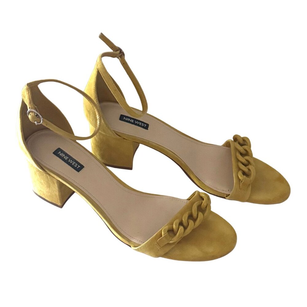 Nine West Mustard Yellow Chain-Accent Block Heel Sandals